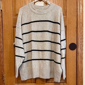 Aerie Women’s Tan and Black Striped Crewneck Sweater